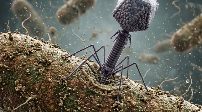 Microscopic view of a bacteriophage virus attaching to a bacteria cell for infection