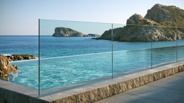 Coastal infinity pool with glass fence and rocks.
