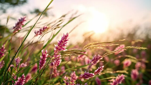 Bright Pink Flowers Sway in a Golden Field During Sunset in Springtime Generative AI