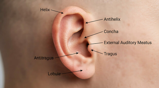 Human ear with labeled anatomical parts, front view