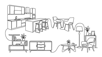 Obraz premium Detailed Line Art Illustration of Modern Home Interior Furniture Layout.
