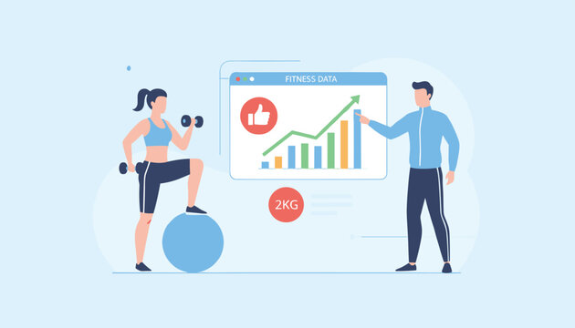 Personal trainer explaining progressive fitness data chart on screen to athletic woman exercising with dumbbells.