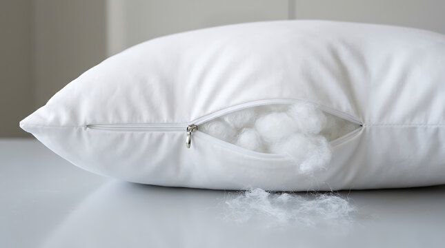 Soft white pillow with unzipped cover revealing fluffy polyester fiber filling