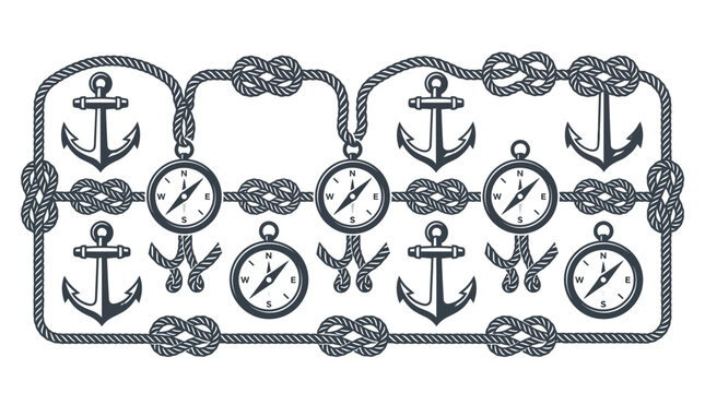 Nautical pattern featuring anchors and compasses connected by rope knots.
