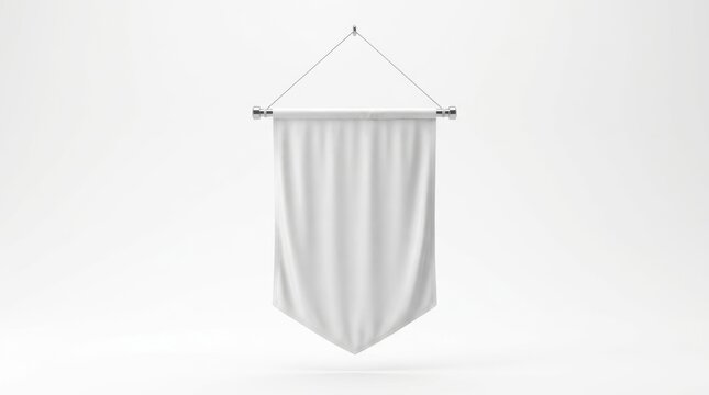 Vertical blank white fabric pennant flag hanging from metal rod with ropes isolated on clean light grey background.