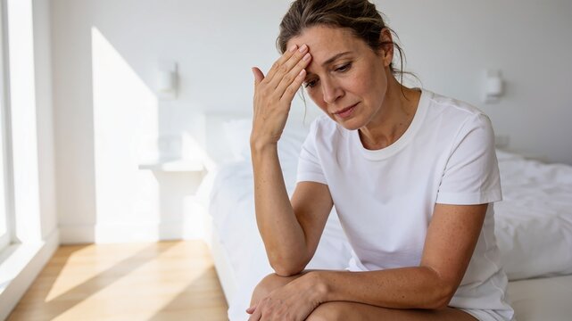 Woman sitting on the edge of a bed holding her feverish forehead, feeling unwell with cold or flu symptoms in a bright bedroom