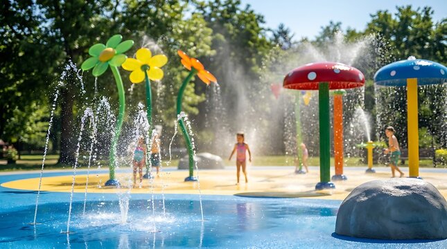 Bright sunny day at a splash pad water park with colorful flower and mushroom water features spraying water for children playing in summer fun.
