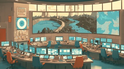 Fototapeta premium Control Room for Water Resource Management with Advanced Technology and Data Visualization