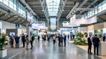 Fototapeta premium Blurred exhibition hall trade show business convention conference background crowd people booths marketing corporate event fair interior hall