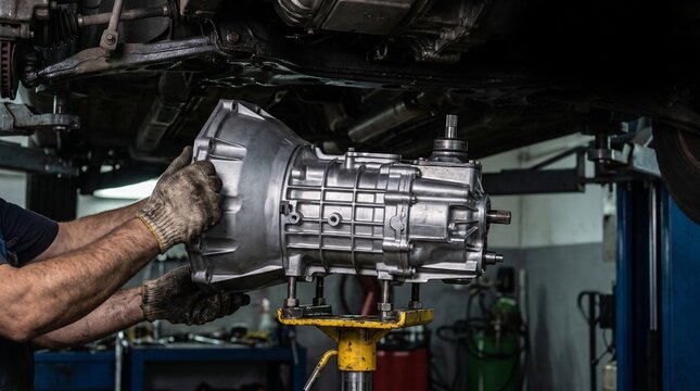Professional mechanic's hands installing a shiny silver car transmission in an auto repair shop. Focus on automotive service, vehicle maintenance, and gearbox repair.
