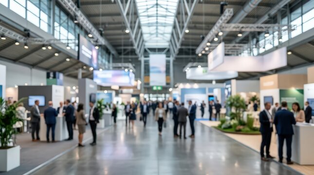 Blurred exhibition hall trade show business convention conference background crowd people booths marketing corporate event fair interior hall