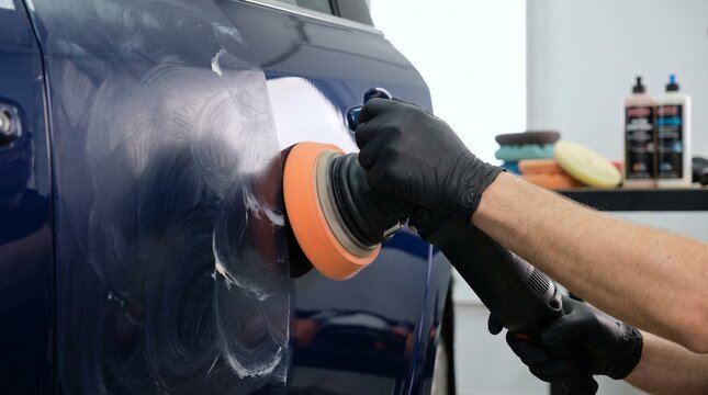 A professional car detailer uses an orbital polisher to correct paint imperfections and enhance the deep blue finish of a vehicle, restoring its shine and removing swirl marks.