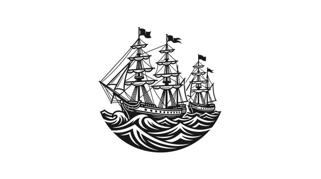 Vintage style illustration of a tall sailing ship on turbulent ocean waves.