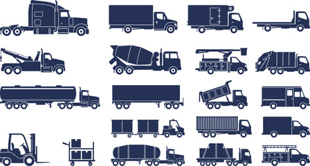 Comprehensive set of commercial truck and heavy industrial vehicle silhouettes for logistics and construction design © GeetaRani
