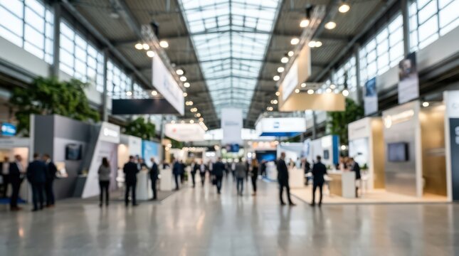 Business conference exhibition hall trade show blurred background networking corporate event professional seminar marketing fair booth convention