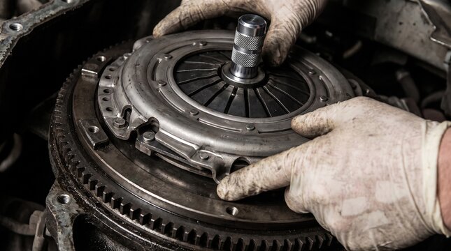 Close-up of a skilled mechanic installing a new car clutch assembly, including the pressure plate, using an alignment tool. Essential automotive repair, maintenance, and vehicle service.