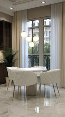 Obraz premium White marble floor gold leg chair round table modern dining room large window pendant light indoor plant luxury style