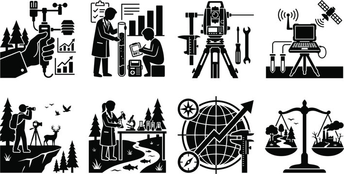 Environmental science and ecological field research silhouette collection featuring climate monitoring surveying and wildlife observation