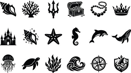 Marine life and nautical fantasy silhouette vector icon set featuring sea animals treasure and underwater elements © GeetaRani