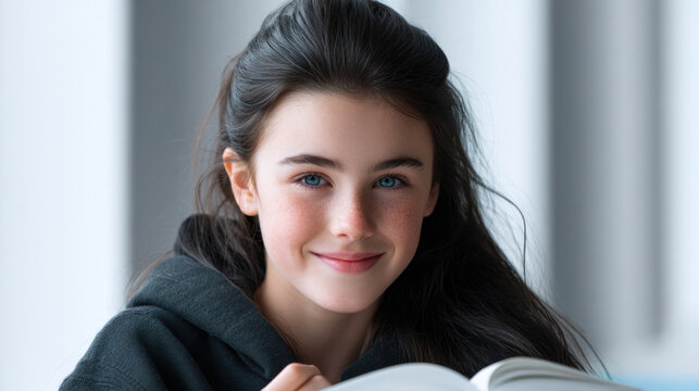 Young girl with long dark hair and blue eyes smiling while reading book indoors, natural light, casual clothing