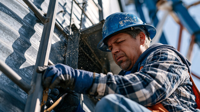 Grain elevator maintenance worker lubricating bucket elevator head pulley on internal ladder platform, wheat dust particle suspension in shaft light, corrugated steel wall, inspection hatch open, ru