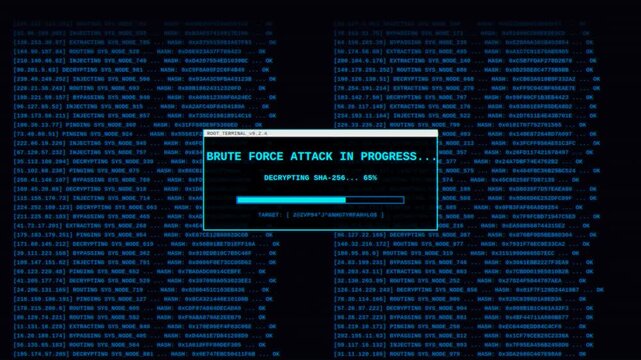 A motion graphic display of a brute force attack in progress with a boot terminal decrypting SHA-256 and system compromise.