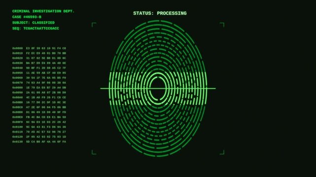 A digital biometric scanner processes fingerprint data on a computer screen, displaying status updates as it scans and processes information.