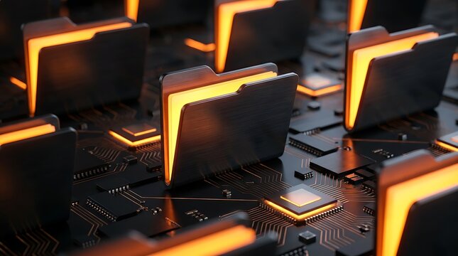 Rows of digital folders in a futuristic network, representing big data archives and secure document management on a circuit board.