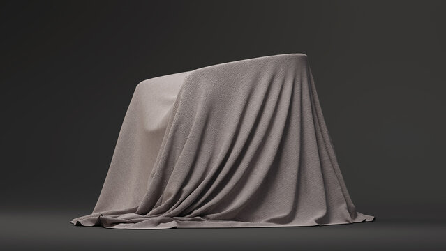 A beige, textured fabric-covered object stands on a dark surface against a solid neutral background. Copy space. 