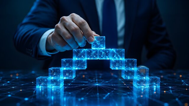 Close-up of a businessman building a glowing digital data bridge with transparent cubes, symbolizing strategic growth and advanced technological development.