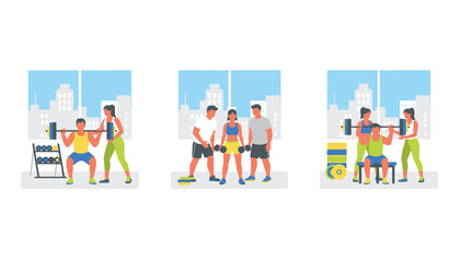 Fototapeta premium Gym training scenes with personal trainers helping athletes perform bench press, squats and deadlifts.