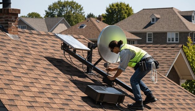 Professional technician installing a satellite internet dish on a residential house roof during the daytime