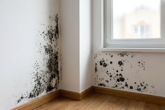 black mold on white wall in corner dampness and moisture causing wall damage and discoloration inside residential building near window unhealthy environment requiring repair and cleanup.