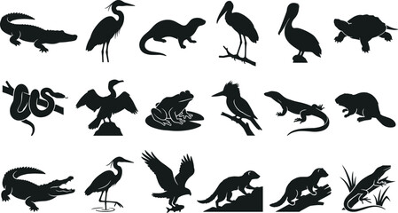 Wetland and swamp animal silhouette collection featuring crocodiles birds reptiles and amphibians in black vector style © GeetaRani