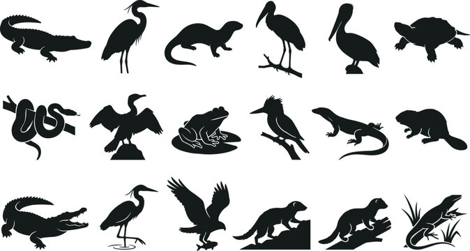 Wetland and swamp animal silhouette collection featuring crocodiles birds reptiles and amphibians in black vector style