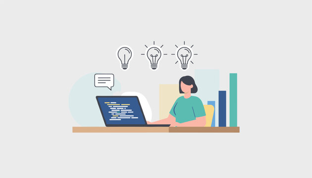 Female programmer coding on a laptop with glowing light bulbs representing creative ideas and software solutions.