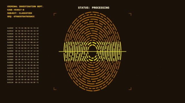 Digital fingerprint scanning interface for criminal investigation showing biometric data and scrolling hex codes in amber.