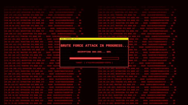 Hacker launching brute force attack on root terminal to compromise system and download databases cyber security concept.