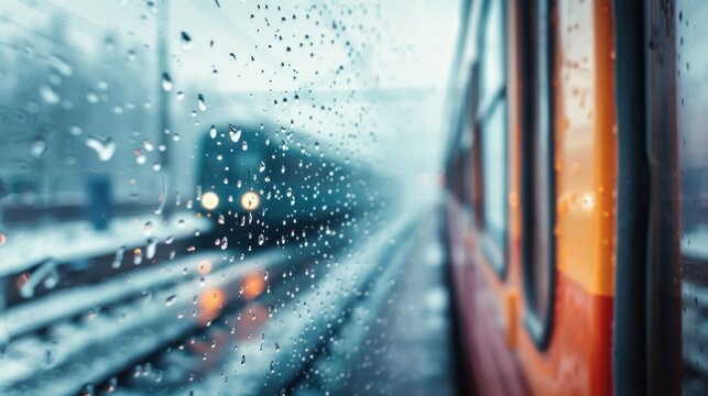 Train in rain transportation and travel concept through a window view