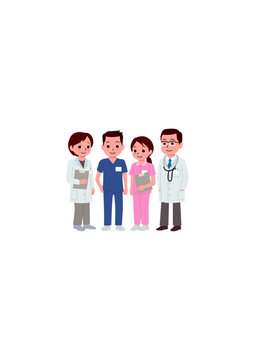 A group of four diverse medical professionals, including doctors and nurses, standing together in their uniforms.
