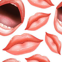 Fototapeta premium Seamless pattern with Vibrant lips in various expressions, playful and bold. Open mouth reveals teeth, inviting and expressive. Soft gloss highlights natural curves and textures. Pattern repeats seaml