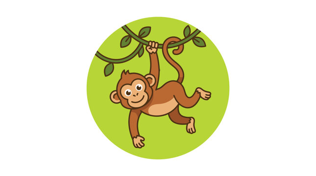 Cartoon monkey hanging from branch swinging.