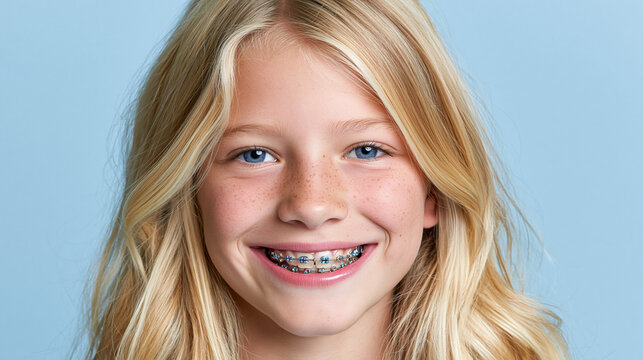 Close-up portrait of a happy blonde preteen girl with freckles smiling with dental braces on a light blue background, Generative AI.