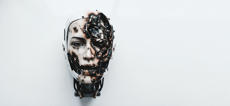 Immagine con testa di robot umanoide fortemente danneggiata con segni di impatto e bruciatura estesi su uno sfondo bianco vuoto
