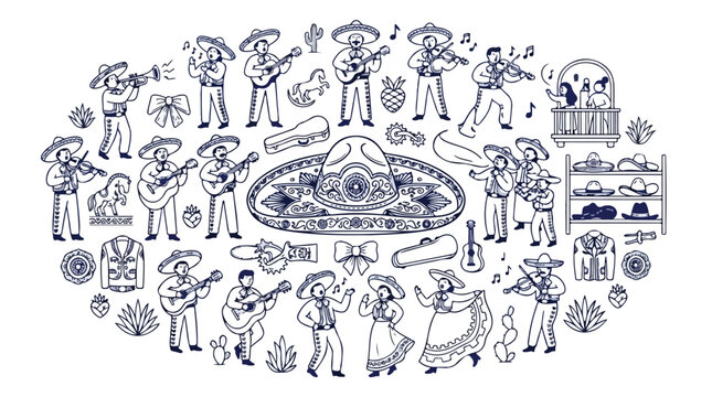 Mexican mariachi band line art collection, traditional musicians with instruments and sombreros, folk dance and cultural vector elements