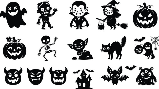Halloween Cartoon Monster Characters Black Vector Collection Spooky Editable Silhouette Design