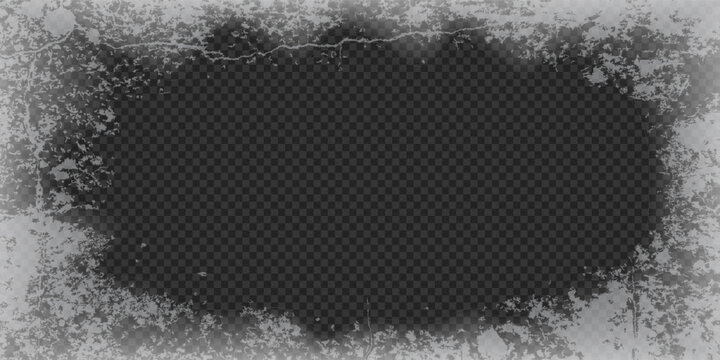 Transparent window ice frame bg with icy texture and overlay effect. Frosty border for winter0 banner or poster. Vector grunge illustration