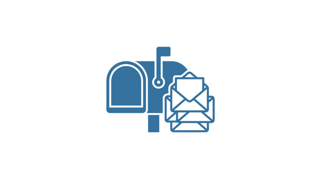 A blue icon featuring a mailbox with a stack of letters beside it.