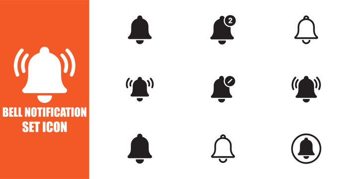 Bell Notification Icon Set Solid Black Vector Silhouette Collection