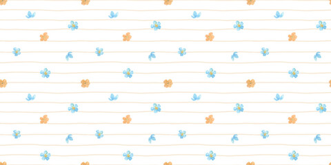 Fototapeta premium Seamless pattern with tiny flowers and stripes on white background. Watercolour ditsy cute print for textiles, wallpaper, and fabric design